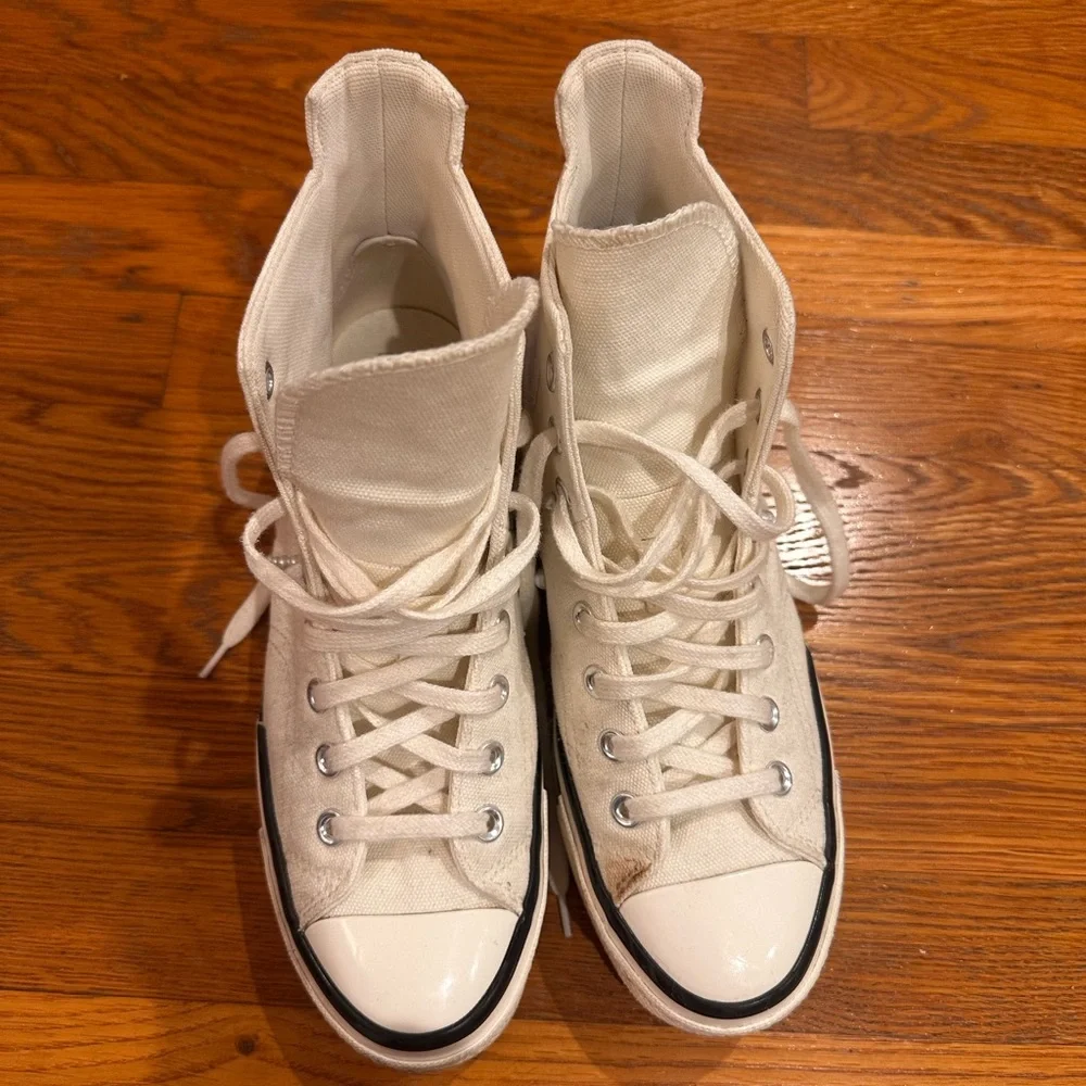 Converse Chuck Taylor high-tops in off-white with pearl detail. Lightly worn. - Picture 3 of 7